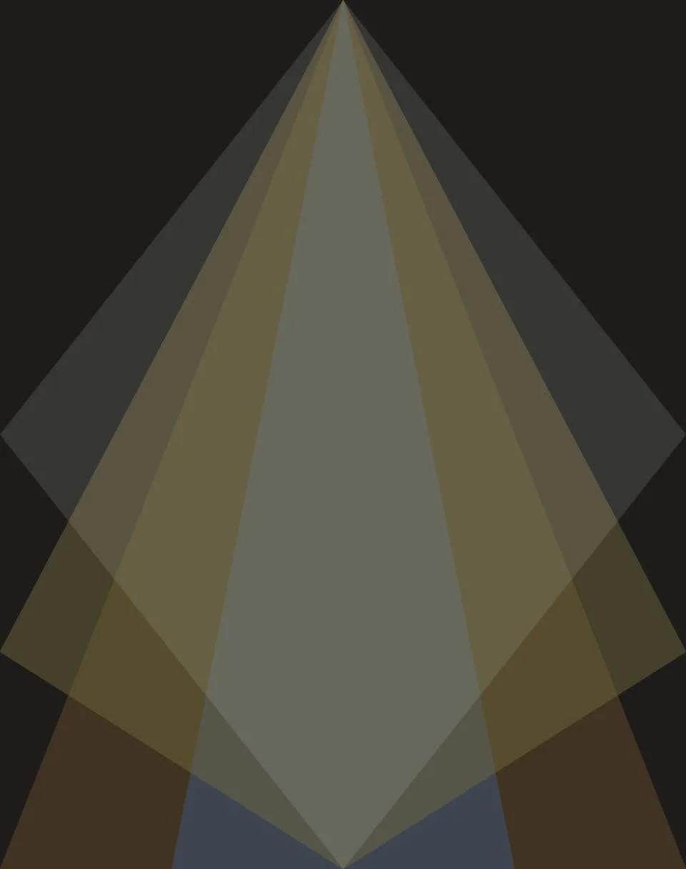 Detail of the Gonzalo Lebrija painting: overlapping translucent triangles in muted gold, grey and blue on a black ground
