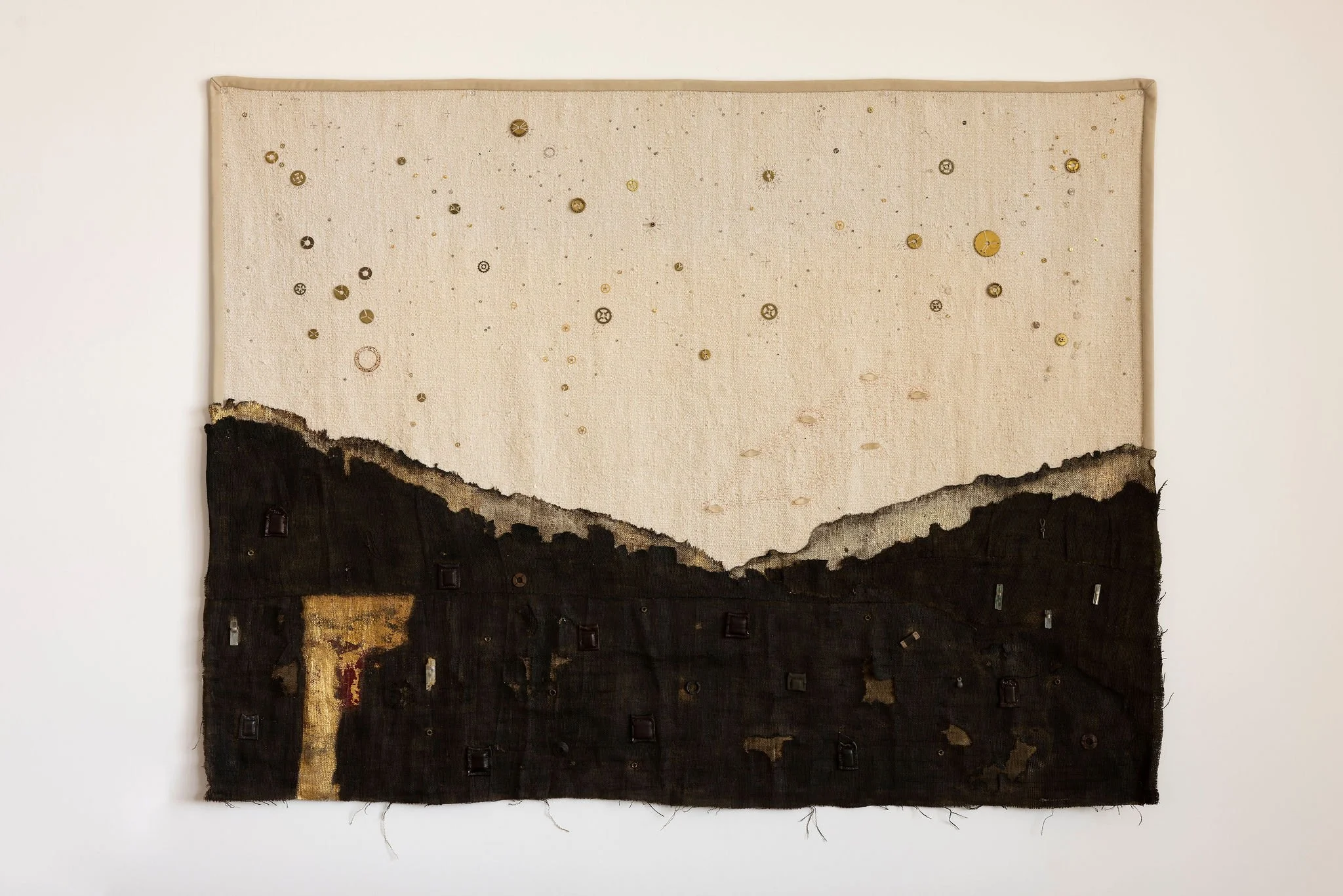 Landscape of Blessings No. 01 — a charred and gold-leafed linen/hemp tapestry.