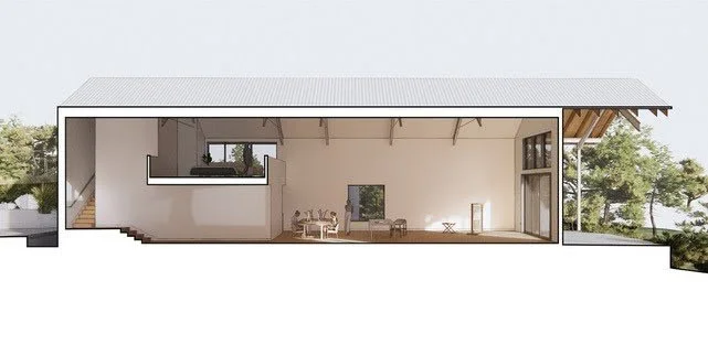 Architectural section rendering of the studio: a pitched-roof volume with a mezzanine above an open living and dining area that opens to the landscape.